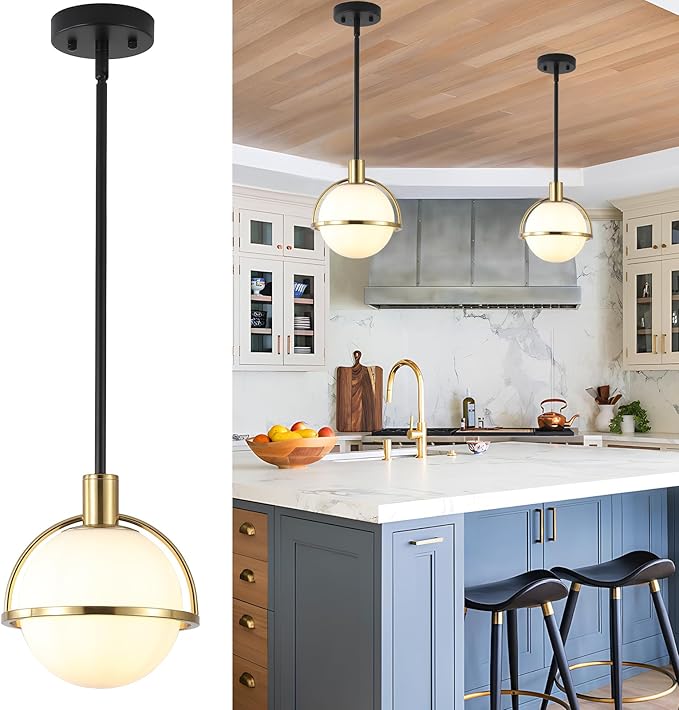 Modern Mid Century Globe Pendant Light,Brass Gold and Black Kitchen Island Pendant Lighting with Milk White Glass Shade,Hanging Pendant Light Fixtures for Living Room Bedroom