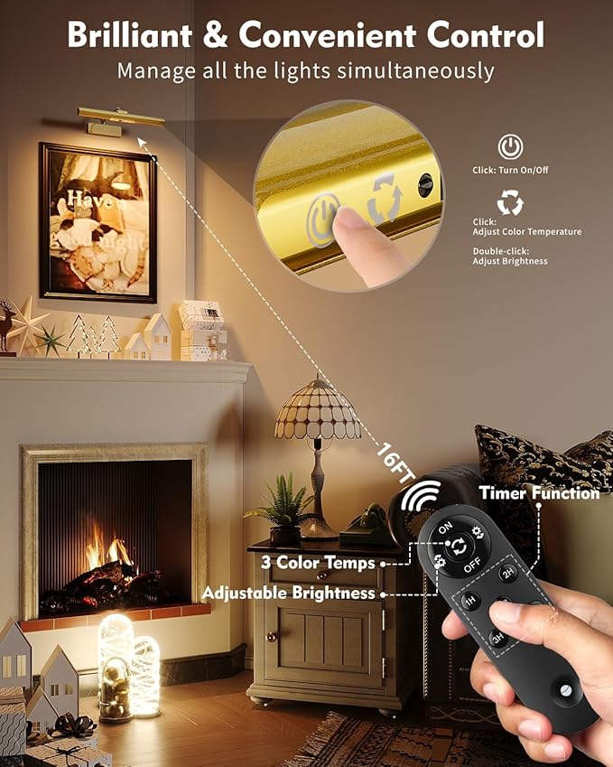 Skairipa Picture Light for Wall, 6000mAh Rechargeable Wireless Wall Lights Remote, 13'' Dimmable LED Art Painting Light with 3 Color Temps, Display for Gallery, Living Room, Hallway (Gold, 1Pack)
