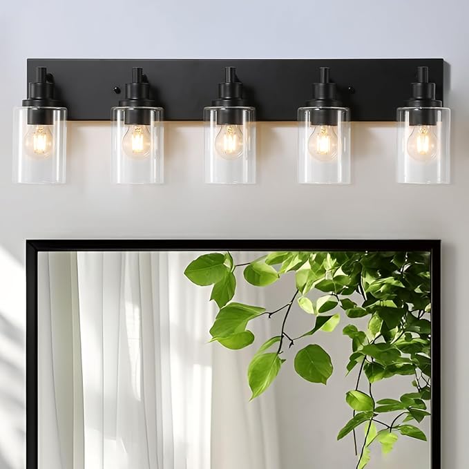 LOUSACE 5 Light Bathroom Vanity Light, Matte Black Bathroom Light Fixtures Over Mirror, Modern Bathroom Lighting with Clear Glass Shade, Black Farmhouse Wall Sconces Lighting Fixture for Bedroom