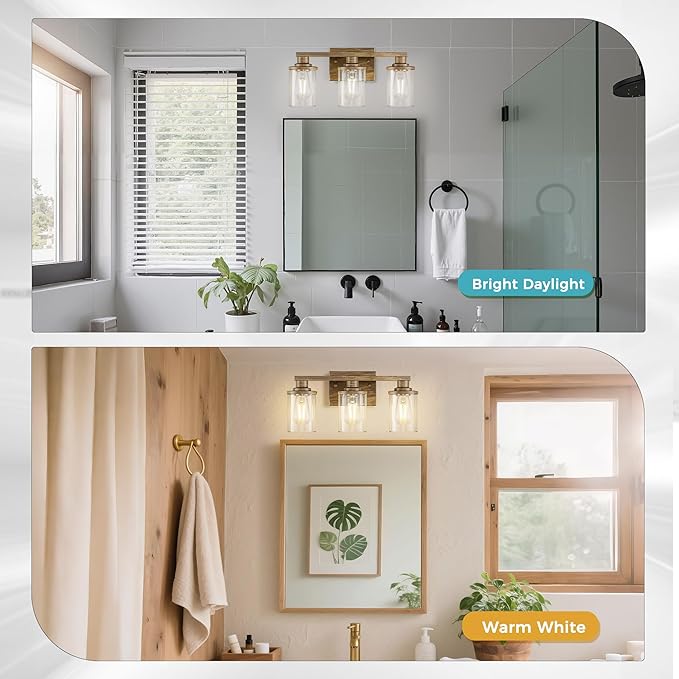 DORESshop 17 Inch Bathroom Light Fixtures, 3-Light Oak Bathroom Lighting Fixtures Over Mirror with Clear Glass Shade, Vanity Lights for Living Room Bedroom