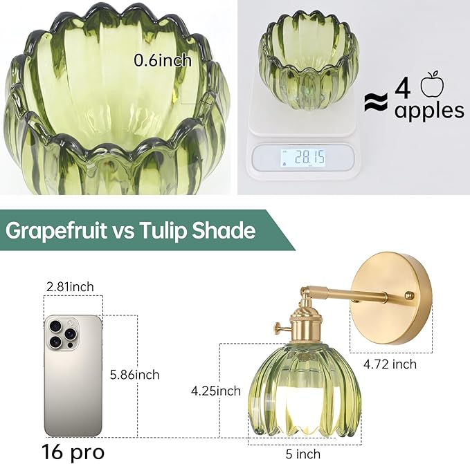 Shenmoyl Vintage Battery Operated Wall Sconce with Green Tulip Glass Lampshade Rechargeable Battery Powered Wall Light with Remote Control for Bedside Bedroom Doorway, Set of 2