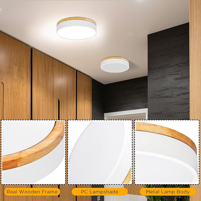 Modern Flush Mount Ceiling Light Fixture 12 Inch,24W Wood Bedroom Ceiling Light 2700-5000K Tunnable Round Ceiling Lamp,Ceiling Lights for Bedroom Living Room,Hallway