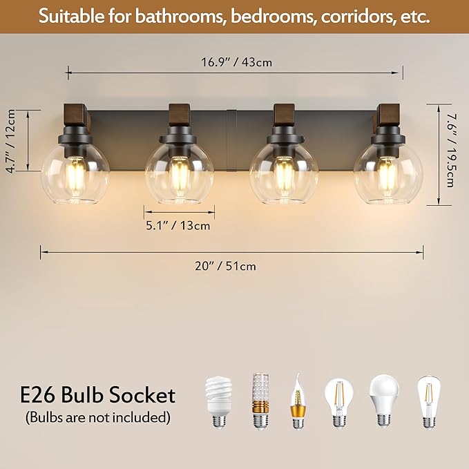 Farmhouse Bathroom Vanity Light Fixtures, 4-Light Wood Bathroom Light Fixtures Over Mirror, Rustic Vanity Lighting with Glass Shade for Living Room, Bedroom, Hallway