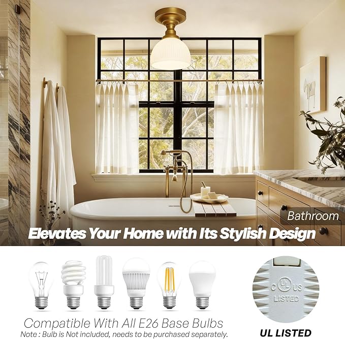Modern Schoolhouse Semi Flush Mount Ceiling Light,Gold Brass Hand-Blown Glass Close to Ceiling Light Fixtures for Hallway Laundry Entryway Kitchen Bathroom Bedroom E26 Base
