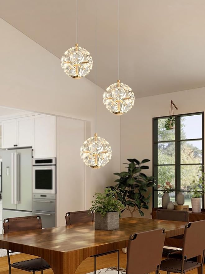 ykolupty Pendant Lights Kitchen Island 3-Light Gold Crystal Island Lights Dining Foyer Entrance Modern Chandeliers LED Dimmable 2700-6000K