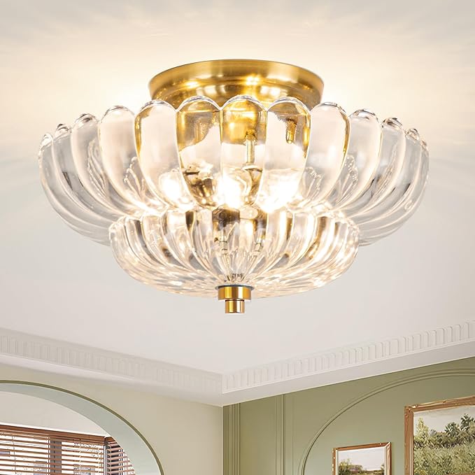 Gold Semi Flush Mount Ceiling Light Fixture, Vintage Clear Glass Ceiling Lights, 3-Light Close to Ceiling Lights for Closet, Hallway, Kitchen, Dining Room