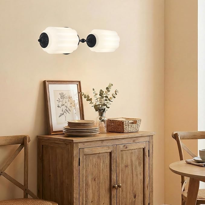 LOUSACE Vintage Milk White Glass Bathroom Vanity Light - 2-Light Wall Sconce with Aluminum Base & White Glass Shade - Wall Sconce Lighting for Bathroom Mirror Living Room Gallery (Bulbs Included)