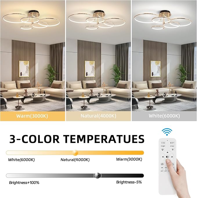CANEOE Modern Ceiling Light Fixture,Gold Dimmable Led Ceiling Light with Remote Control for Living Room,5 Rings Flush Mount Ceiling Lamp for Living Room Bedroom Kitchen Lighting Fixtures Ceiling