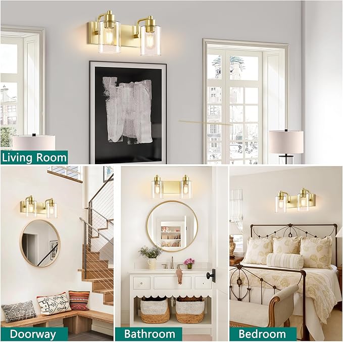 Dpyrrhic Gold Bathroom Light Fixtures,2-Light Bathroom Lights Over Mirror with Clear Glass Shade,Gold Light Fxiture Wall Sconces for Kitchen Living Room Bedroom