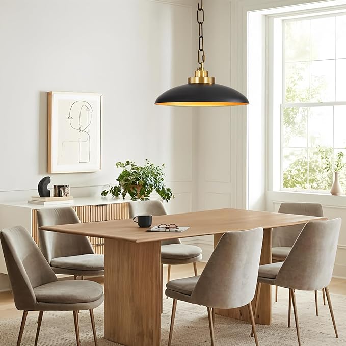 15.8 Inch Large Black and Gold Pendant Light, Industrial Pendant Lighting Fixtures, Vintage Dome Ceiling Hanging Lamp for Kitchen Island Dining Room