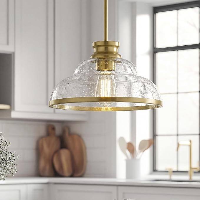 kudos Gold Pendant Lights Kitchen Island, 11" Brass Kitchen Island Lighting with Seeded Glass, Farmhouse Pendant Light fixtures for Kitchen Sink Dining Room Hallways, KDPL14-GD