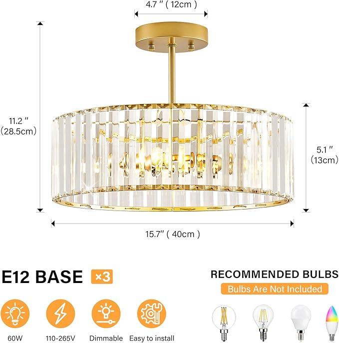 Glod Crystal Ceiling Light Fixture, Modern Semi Flush Chandelier, Round Hanging Lighting Chandeliers for Dining Room, Kitchen, Bedroom, 3-Light, 15.74 Inch