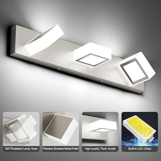 Ralbay Brushed Nickel Bathroom Vanity Lights 24inch Metal Acrylic LED Modern Bathroom Wall Lighting Fixtures Brushed Nickel (White Light 6000K, Non-dimmable)