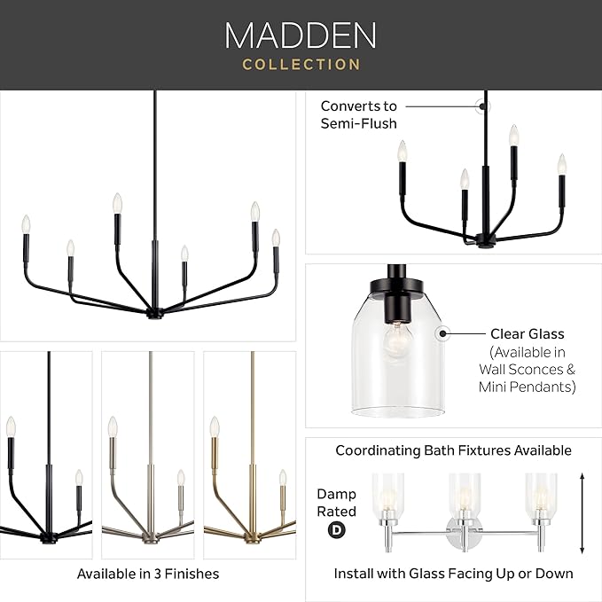 Kichler Madden 4-Light Bathroom Vanity Light Fixture with Clear Glass in Brushed Nickel, Modern Wall Mount for Single or Double Vanity Over Mirror (10.5" x 34"), 55186NI