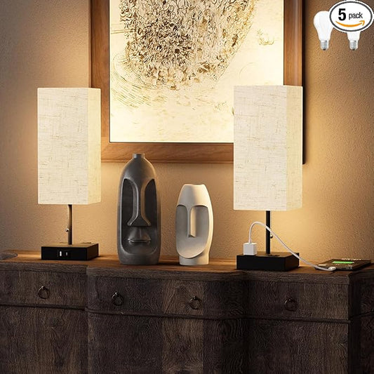YIDPU Table Lamp for Bedroom with USB,Bedside Lamp with USB C+A Charging Ports,Adjustable 3color LED Light for Home Decor/Nightstand/Office,Included Bulb and Fabric Lamp Shade (Linen White, 2PCS)