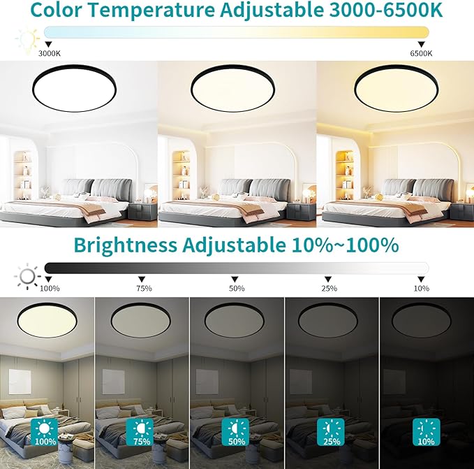 24 Inch Large Flush Mount Ceiling Light Fixture, Dimmable with Remote Control, 56W, 5600 Lumen, Modern, Round, Black, for Kitchen, Dining Room, Bedroom, Living Room, Home Office