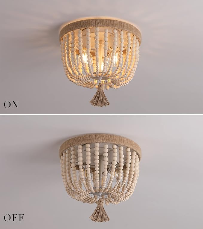 AMZASA Boho Flush Mount Ceiling Light Wooden Beaded Hepm Rope Oak Withe Farmhouse Beaded Chandelier Light Fixture 3 Lights for Nursery Bedroom Hallway Entryway