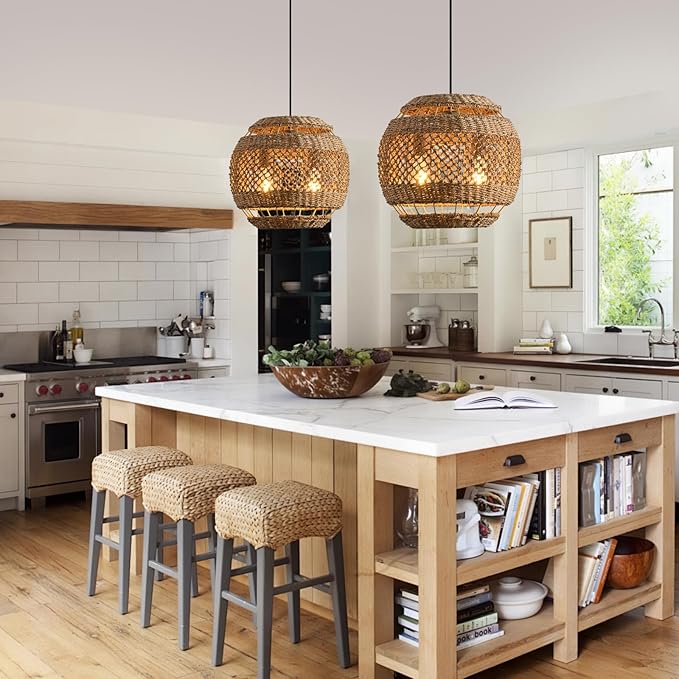 Rattan Pendant Light 13.78" Boho Wicker Seagrass Pendant Light Hand Woven Water Plants Rattan Chandelier for Dining Living Bedroom Kitchen Farmhouse