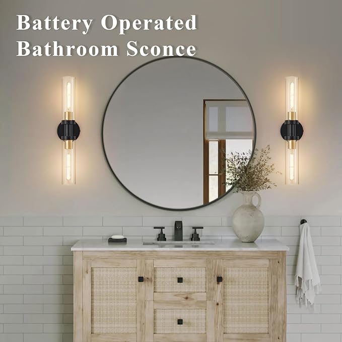 SANTOSTOCK Battery Operated Wall Sconce Set of 2, 12000mAh Rechargeable Wall Lights with Remote Control, Wireless Dimmable Wall Lamps for Bedroom Living Room Bathroom Hallway Stairwell, Black & Gold