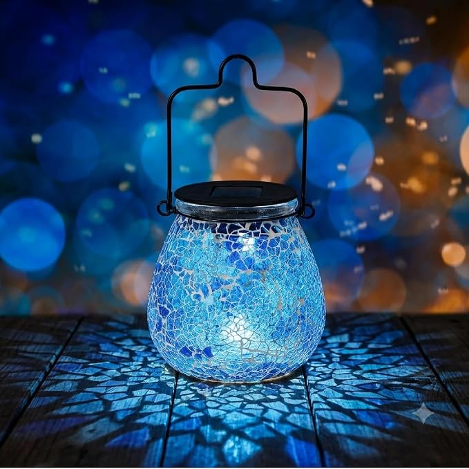Bshine Mosaic Solar Lantern Outdoor Hanging Waterproof, Fragmented Glass Blue Mosaic Light Valentine's Day Indoor Decor Table, Garden Decor for Yard Outside, Lawn, Birthday Gift for Mom Gardening