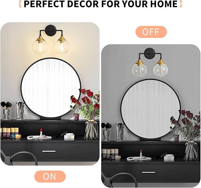 Black and Gold Bathroom Vanity Light with Clear Glass Shade, E26 Base, 2-Light Bathroom Light Fixtures Over Mirror, 14 Inch Vanity Lights for Bathroom (Exclude E26 Bulb)