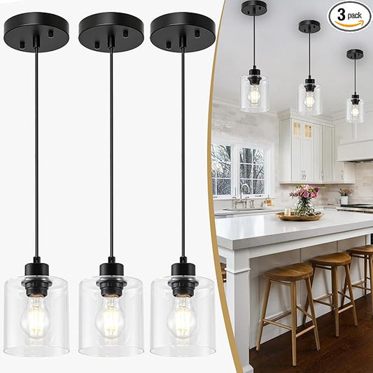 1 Light Hanging Pendant Light Fixtures, Adjustable Black Pendant Lights Kitchen Island, Modern Farmhouse Light Fixtures for Dining Room, Clear Glass Shade, E26 Base, 3 Packs
