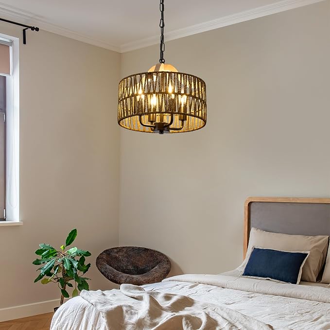 Antique Dining Room Light Fixture, 4-Light Rattan Pendant Light with Drum Shade, Adjustable Woven Wicker Ceiling Hanging Light, Farmhouse Boho Chandelier for Living Room Kitchen Island