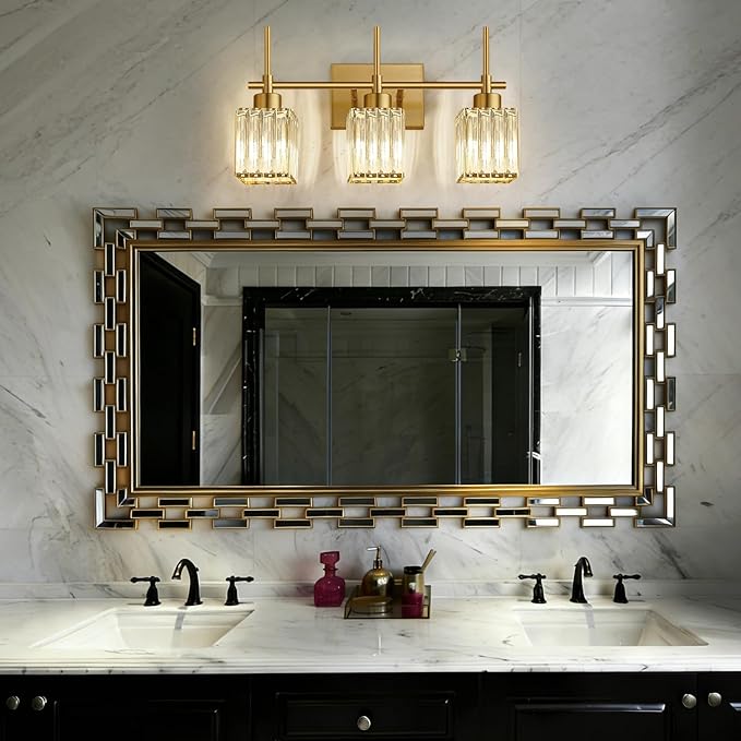 Torondo Modern Crystal Bathroom Vanity Light 3-Light Brushed Gold Bathroom Light Fixtures Over Mirror Brushed Gold Vanity Lighting Fixtures Square Shade Brass Wall Sconce (Bulbs Not Include)
