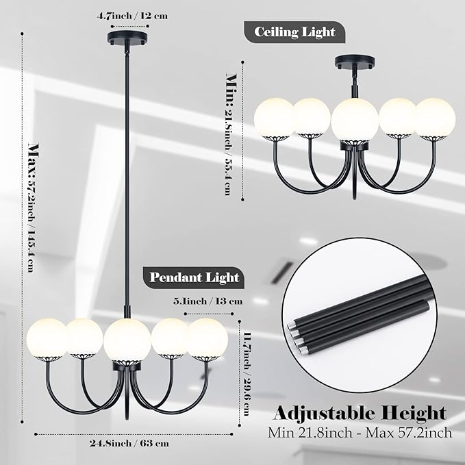 Black Chandelier Pendant Lighting, 5-Light Kitchen Light Fixtures, Mid-Century Modern Large Semi-Flush Ceiling Light Fixture with Frosted Globe Glass for Dining Room Living Room Bedroom Brass