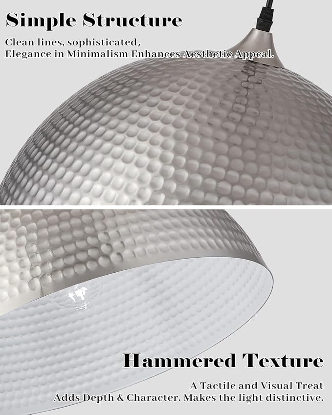 Brushed Nickel Pendant Light 16 inch, Hammered Large Dome Pendant Light, Industrial Farmhouse Pendant Lights Kitchen Island, Island Pendant Lights for Kitchen, Dining Room Living Room 2 Pack