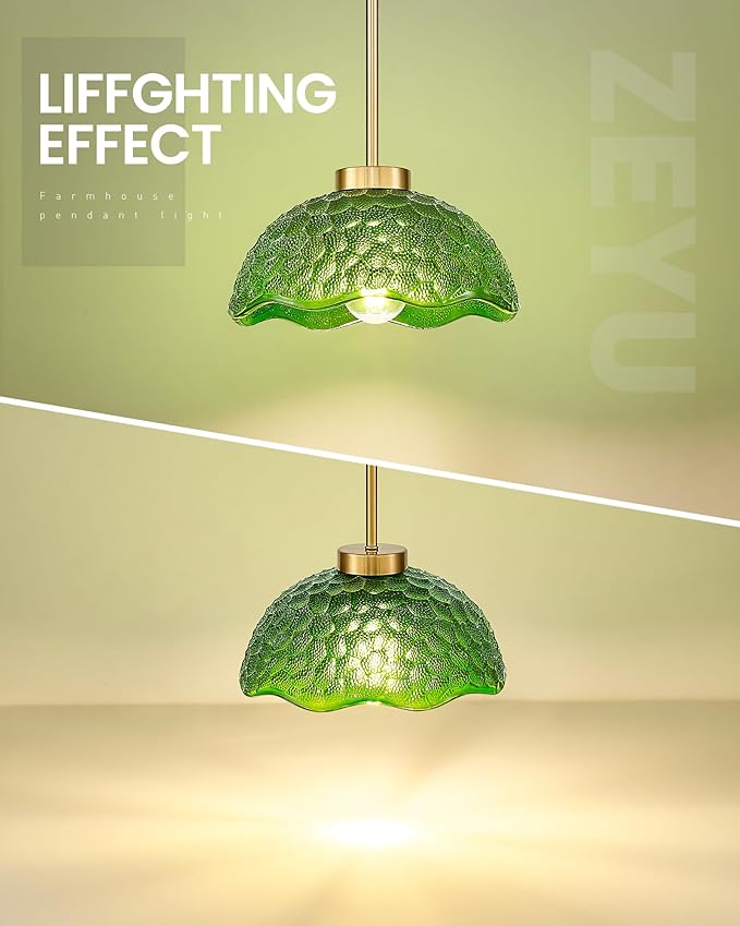 zeyu 10.4 Inch Vintage Kitchen Light Fixture, Hanging Ceiling Light Fixture, Brushed Gold Ceiling Pendant Light with Green Hammered Glass, ZJX116M1L BG G