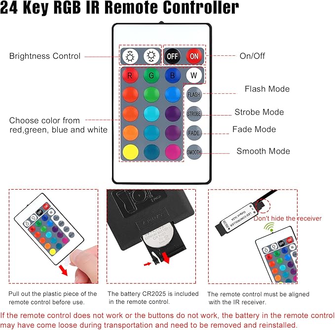 USB LED Light Controller, 5V RGB LED Strips Remote Replacement with 24 Key Infrared Remote for 4 Pin 5050 2835 RGB Strip, 2 Pack (IR Control Only, Not APP)