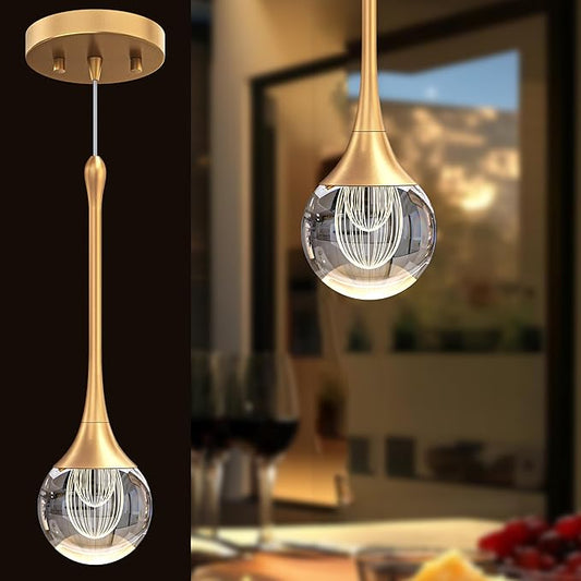 1-Pendant Lights Kitchen Island,Crystal Gold Globe LED Chandelier, Modern Dimmable Adjustable Height Hanging Light Fixture,Sloped Ceiling,Bedroom,Dining Room