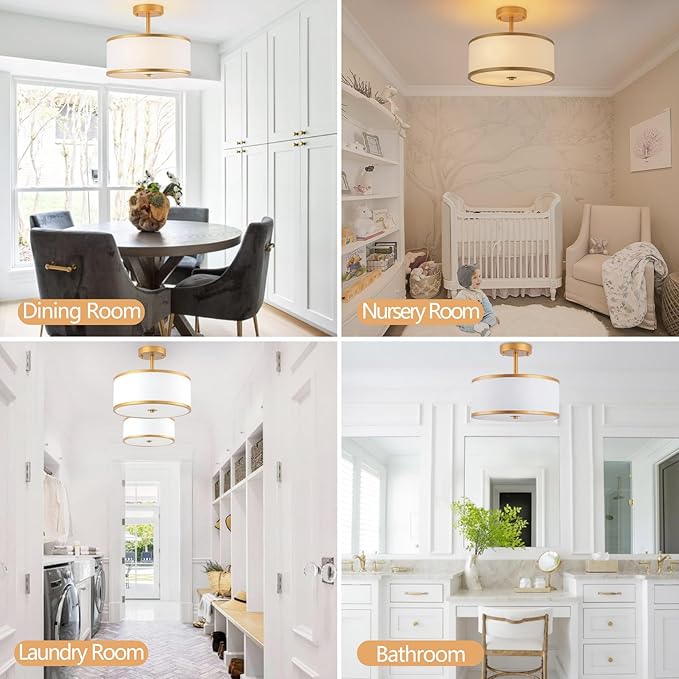 Bargeni Semi Flush Mount Ceiling Light,12.5 Inch Drum Ceiling Light,Antique Brass Finish Flush Mount Light Fixture with Fabric Shade,Modern Close to Ceiling Light Fixtures for Bedroom,Living Room
