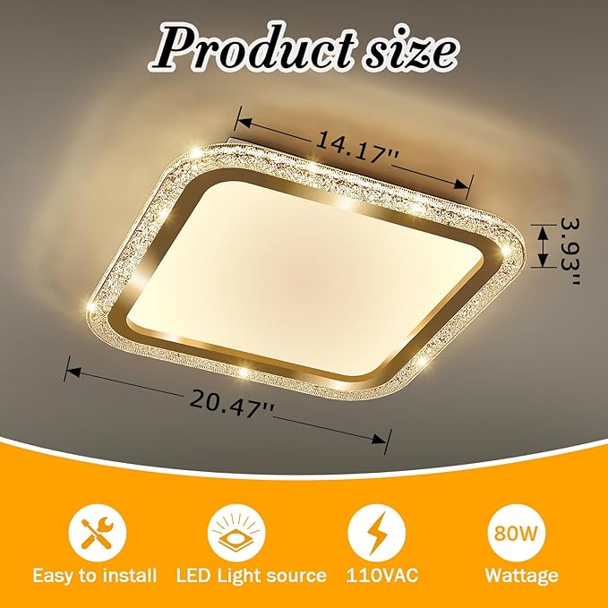 UOFUS 20.47inch Square Gold Flush Mount Ceiling Light 80W Modern LED Ceiling Light Fixture 3000K-6000K Super Bright Ceiling Lamp for Living Room Bedroom Kitchen Dining Room