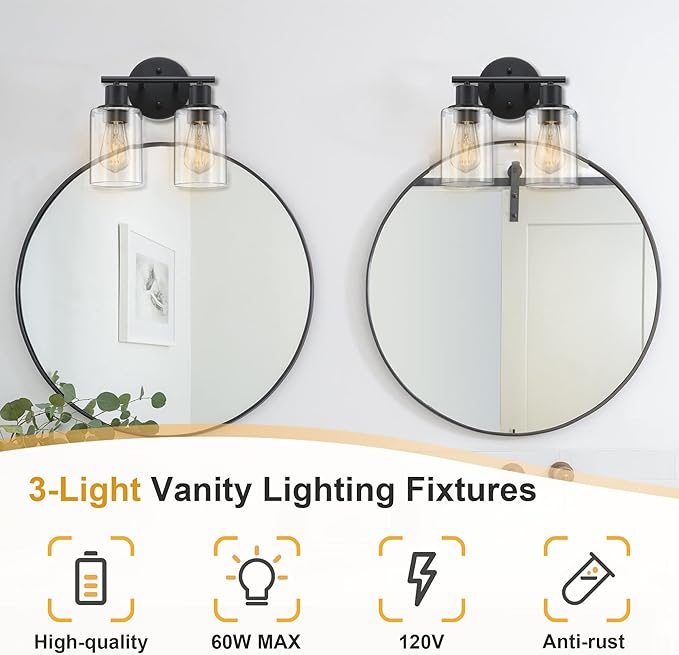 Bathroom Vanity Light Fixtures, 2-Light Black Vanity Light with Glass Shades, Matte Black Vanity Lights for Bathroom, Bathroom Lights over mirror Wall Sconces for Mirror Living Room Bedroom Hallway