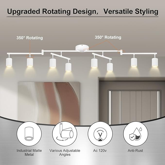 AUQUEE 8 Light Track Lighting Fixtures Ceiling, Matte White Kichen Track Lighting Fixtures, Rotatable Light Heads, Adjustable Modern LED Track Lights for Kitchen/Hallway, No GU10 Bulb