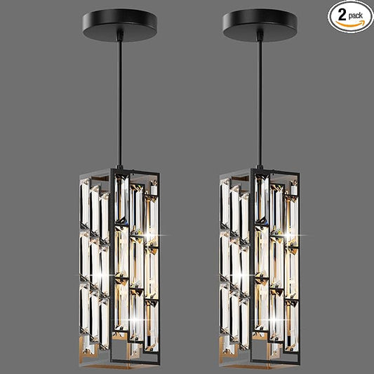 Black Pendant Lights Modern Pendant Light Fixture, Mini Crystal Pendant Ceiling Light, Pendant Light for Kitchen Island, Dinning Room, Bedroom, Kitchen Sink Lighting (2-Pack)