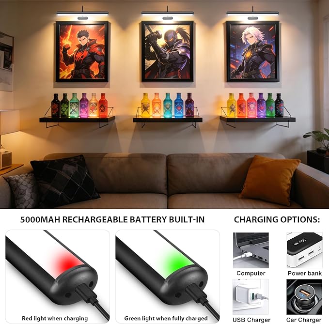 Set of 2 Picture Lights with Timer Dimmer, Painting Light with Remote Rechargeable Battery ,Wall Art 3 Lighting Colors Temps,16inch Full Metal Over Picture Painting Frame Dartboard Gallery Hallway