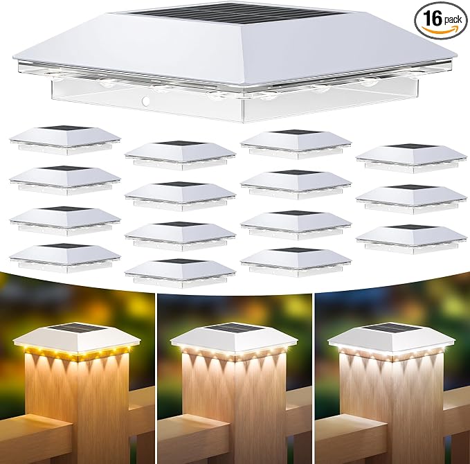 Mlambert 16 Pack Solar Post Cap Lights Outdoor - 3 Lighting Modes Waterproof LED Solar Post Lights Fit 3.5×3.5 Wood/4×4 Vinyl Fence Deck Posts, White