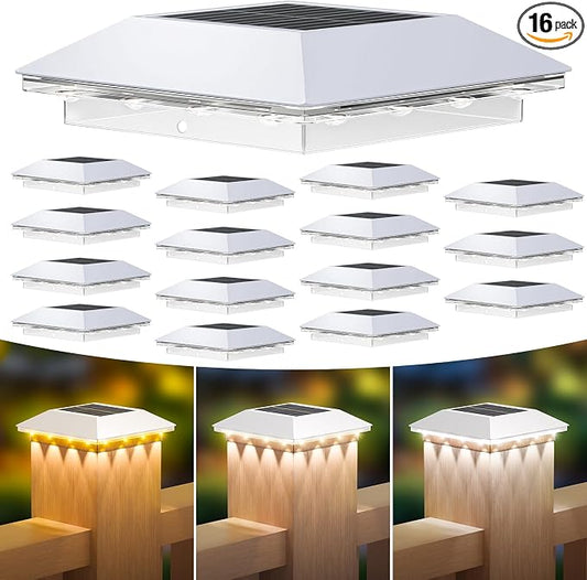 Mlambert 16 Pack Solar Post Cap Lights Outdoor - 3 Lighting Modes Waterproof LED Solar Post Lights Fit 3.5×3.5 Wood/4×4 Vinyl Fence Deck Posts, White