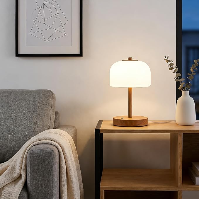 Oneach 9.5" Touch Control Table Lamp with USB A+C Charging Ports, Corded Wood Grain Dimmable LED Bedside Lamp with 3 Color Temperatures, Small Modern Table Lamps for Bedroom Nightstand Living Room