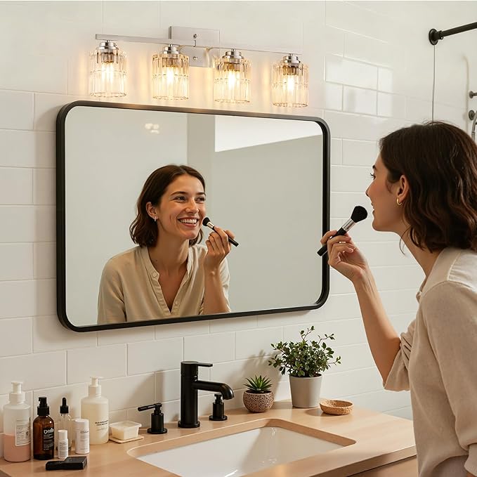 TALOYA 27 Inch Bathroom Light Fixtures,Modern 4-Light Brushed Nickel Vanity Lights with Wide Vertical Ribbed Thickened Glass Shade Wall Sconces for Mirror Makeup Room Hallway（Bulbs Not Included）