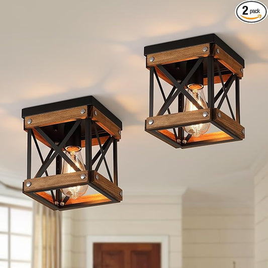2 Pack Rustic Farmhouse Wood Flush Mount Ceiling Light Fixture Oak Wood and Metal Square Cage Small Semi Flush Mount Ceiling Light for Kitchen Hallway Entryway Bedroom Farmhouse Country, Black