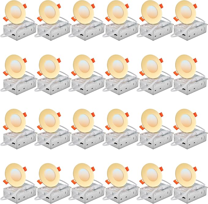 DLLT LED Recessed Ceiling Light: 24 Pack 3 Inch Gold Slim Recessed Lighting for Kitchen - 5CCT Dimmable Canless Wafer Downlight for Living Room - 600LM Brightness 6W LED Can Lights for Bedroom ETL FCC