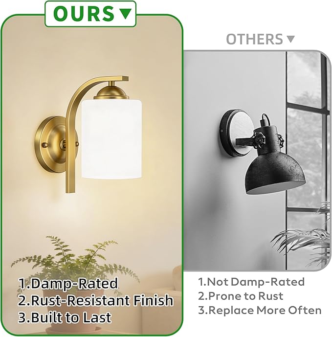 Wall Sconces Lights Lamp for Bedroom Bathroom, Modern Vanity Light Fixtures, Gold Farmhouse Wall Mount Lighting Lanterns with Glass Shade for Living Room Mirror Hallway Kitchen