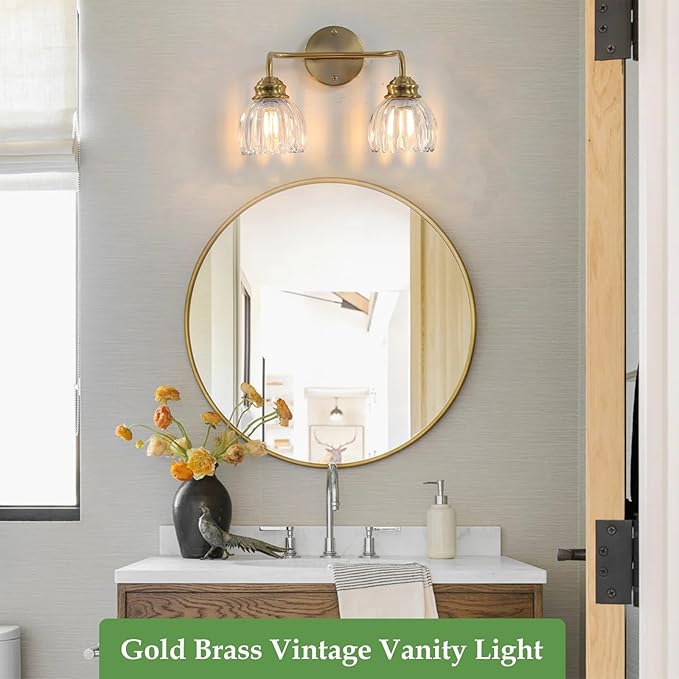 2 Light Vintage Bathroom Light Fixtures, Gold Bathroom Vanity Light, Brass Finish with Clear Tulip Glass Shade, Wall Lighting for Bedroom, Living Room, Hallway,E26 Base