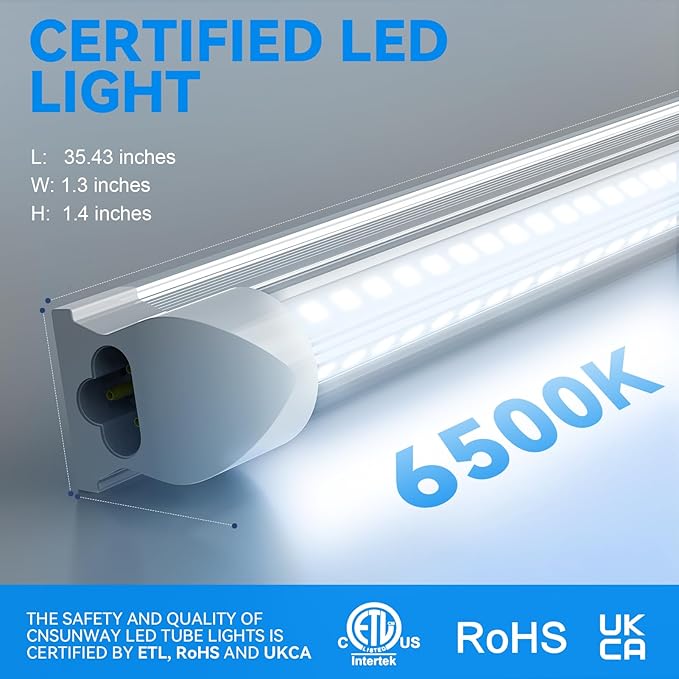 CNSUNWAY LED Shop Light 3FT, 30W 6500K Cool White, T8 LED Tube Lights, 4000LM V-Shape Ceiling Shop Lights, Linkable Under Counter Light for Kitchen, Garage, Workbench, Basement, ETL Listed (2 Pack)