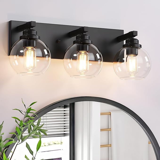 LmnLvn Bathroom Light Fixtures, 3-Light Matte Black Vanity Lights, Modern Bathroom Lighting Fixtures Over Mirror, Farmhouse Vanity Lights with Glass Shade for Living Room, Bedroom, Hallway