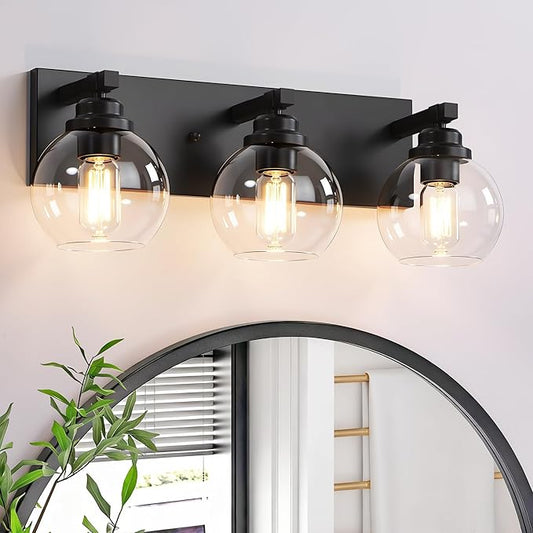 LmnLvn Bathroom Light Fixtures, 3-Light Matte Black Vanity Lights, Modern Bathroom Lighting Fixtures Over Mirror, Farmhouse Vanity Lights with Glass Shade for Living Room, Bedroom, Hallway